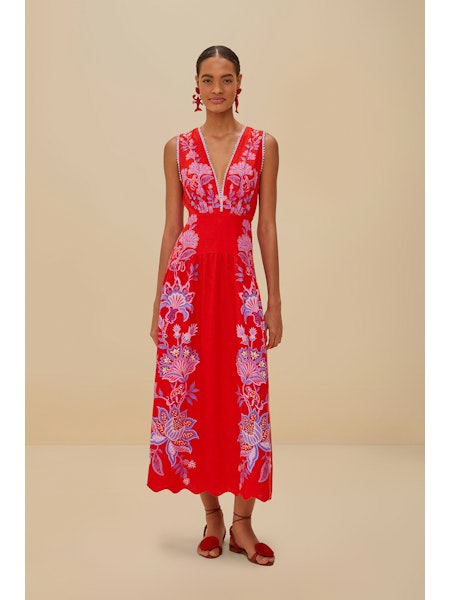 Farm Rio - Porcelain Garden Red Midi Dress