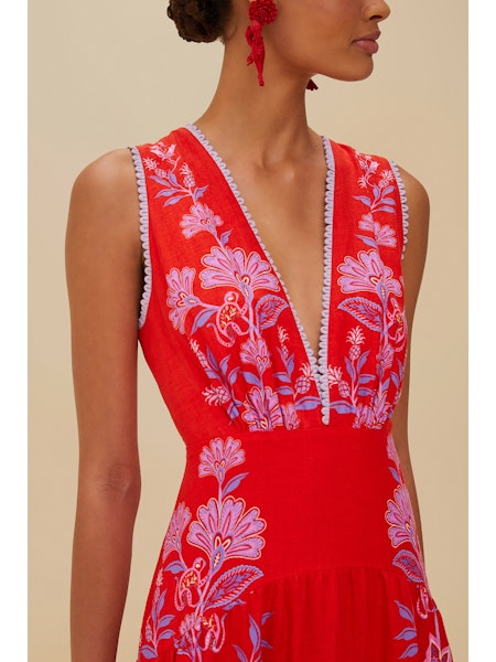 Farm Rio - Porcelain Garden Red Midi Dress