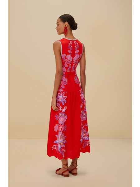 Farm Rio - Porcelain Garden Red Midi Dress