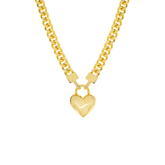 Gold-Curb Chain Necklace with Heart Pendant