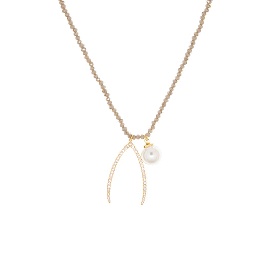Gold Plated/Taupe-Crystal Beaded Necklace with Wishbone and Pearl Charm