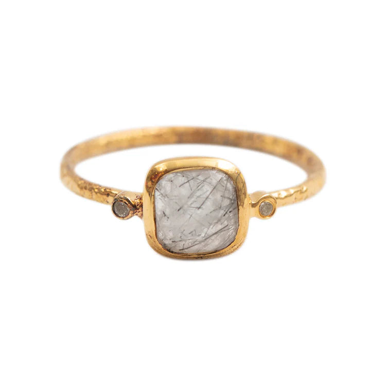 Gold Plated Square Rutilated Quartz Ring