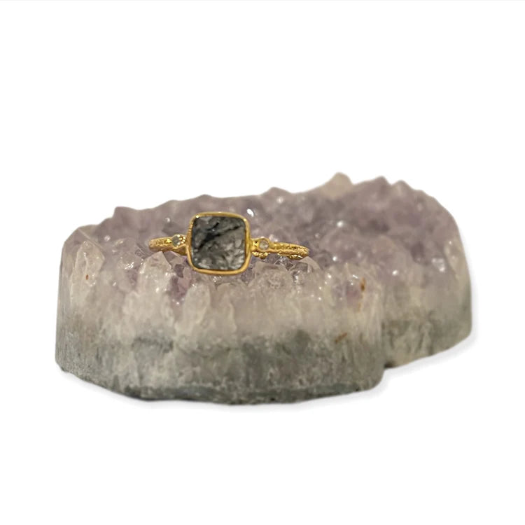 Gold Plated Square Rutilated Quartz Ring