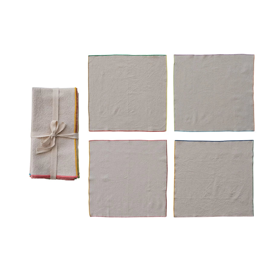 Woven Cotton Cocktail Napkins with Stitched Colored Edge