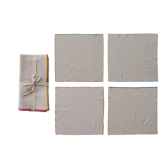 Woven Cotton Cocktail Napkins with Stitched Colored Edge