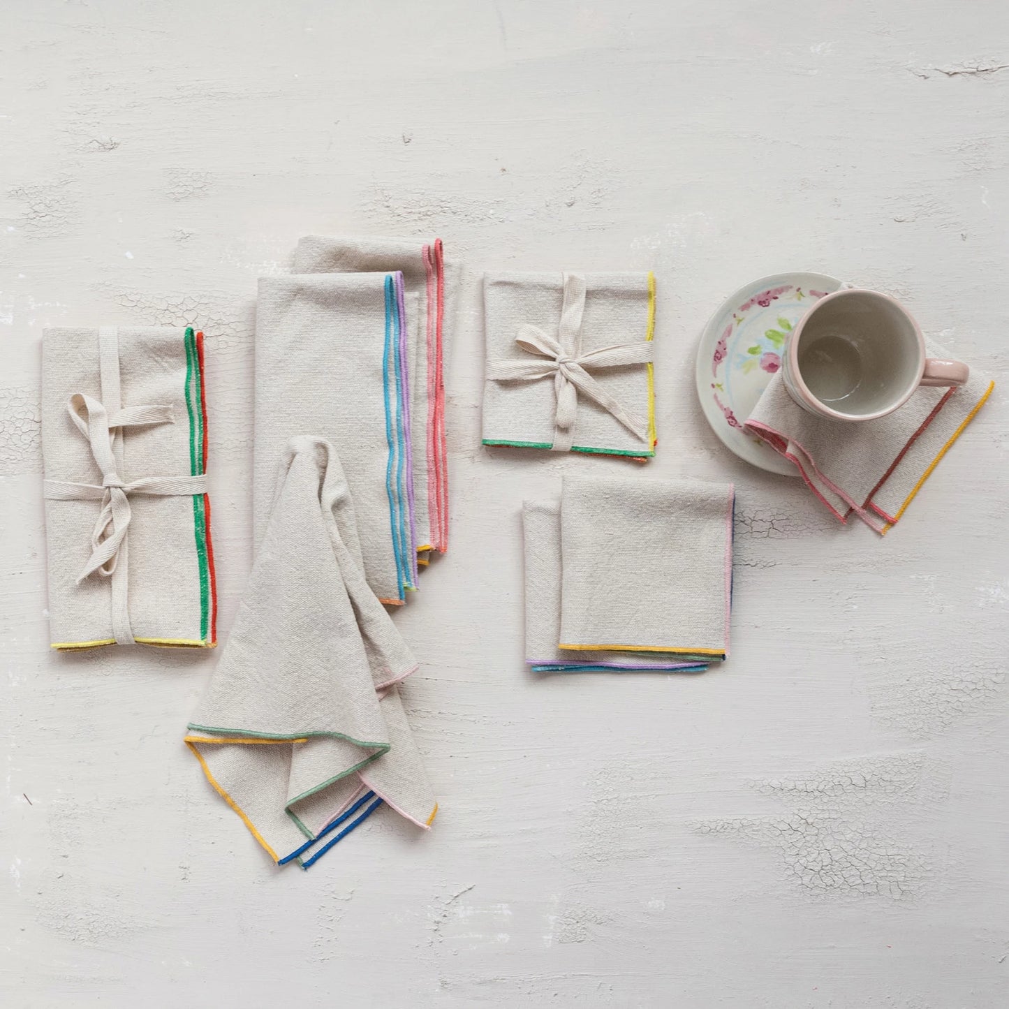 Woven Cotton Cocktail Napkins with Stitched Colored Edge