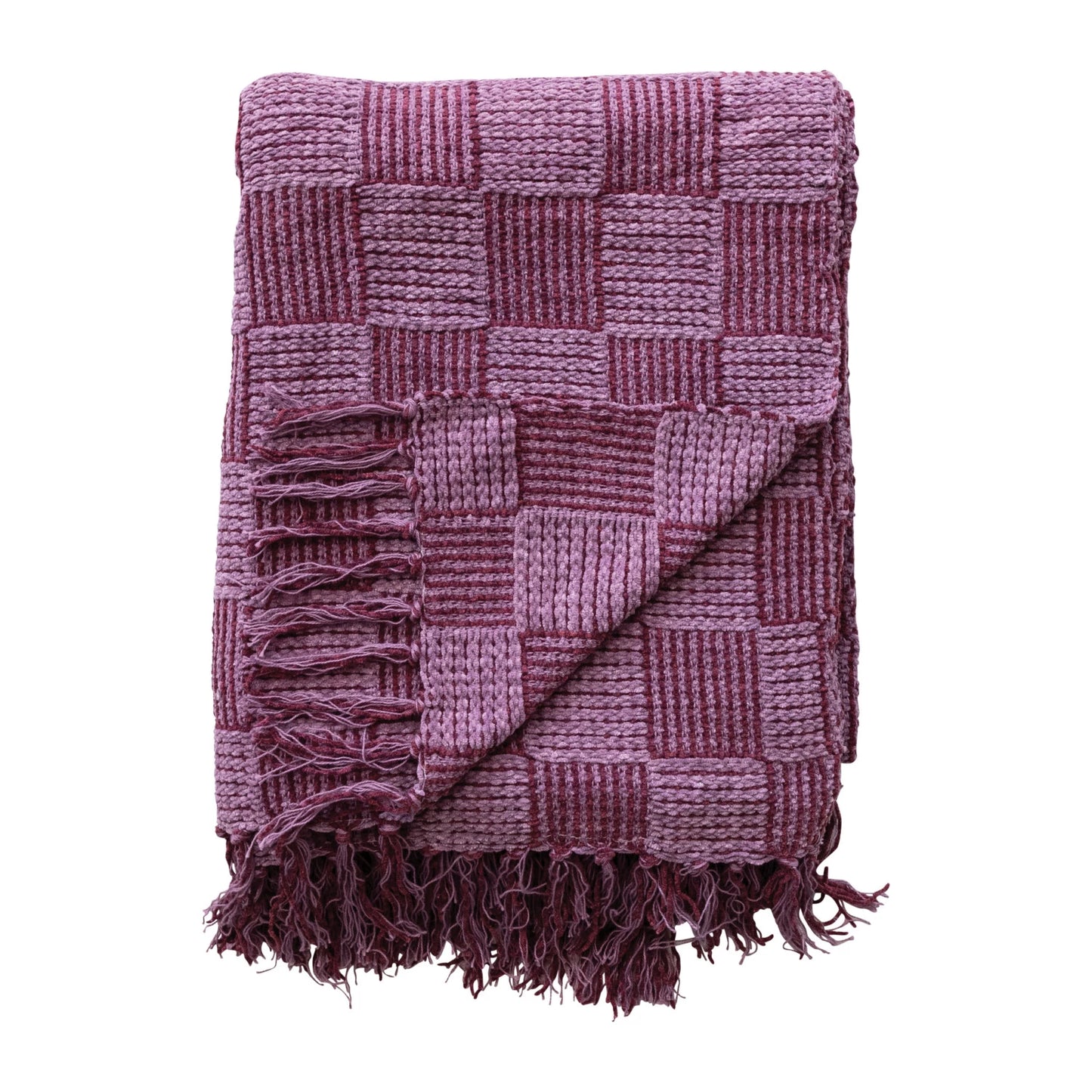 Woven Cotton Blend Chenille Throw with Check Pattern & Fringe