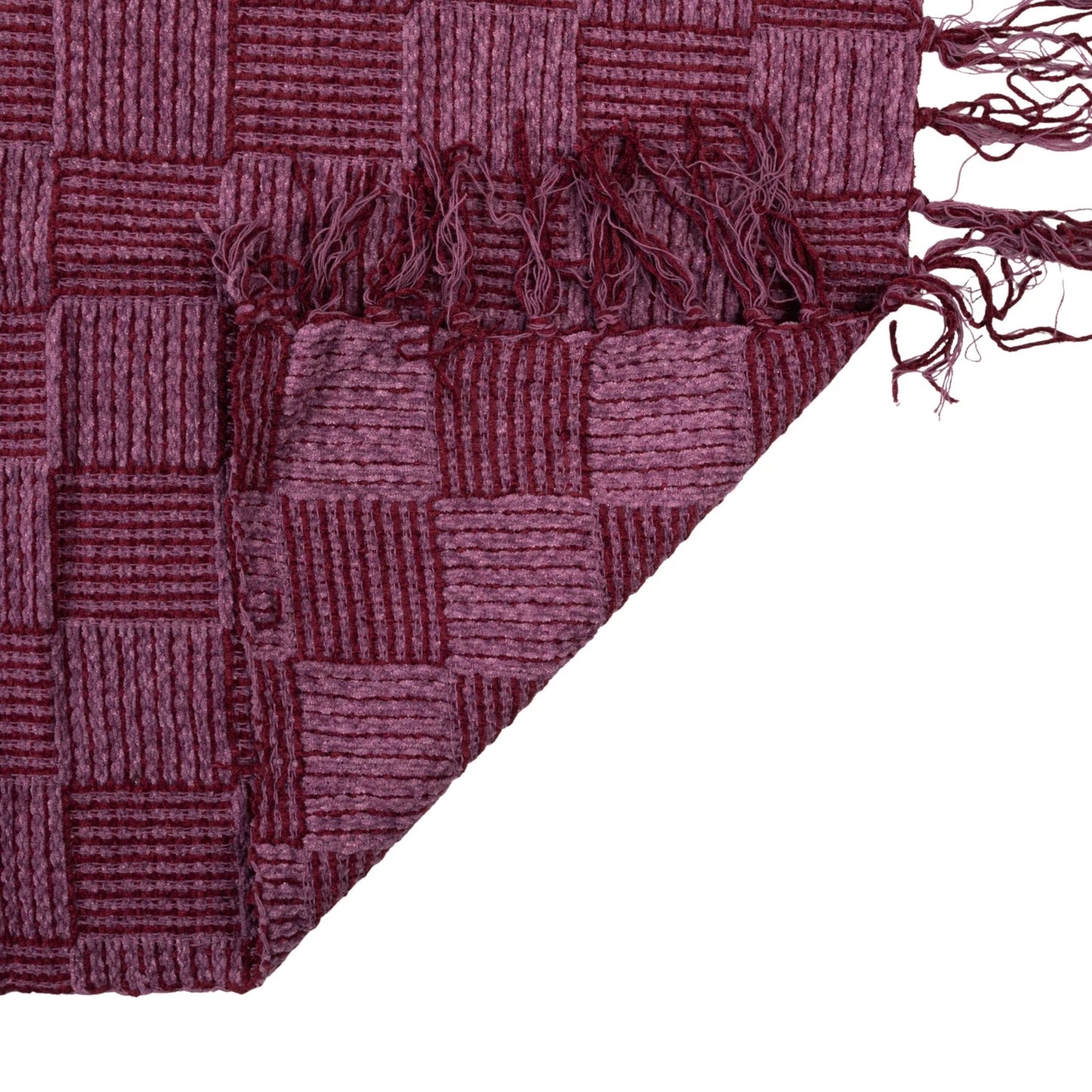 Woven Cotton Blend Chenille Throw with Check Pattern & Fringe