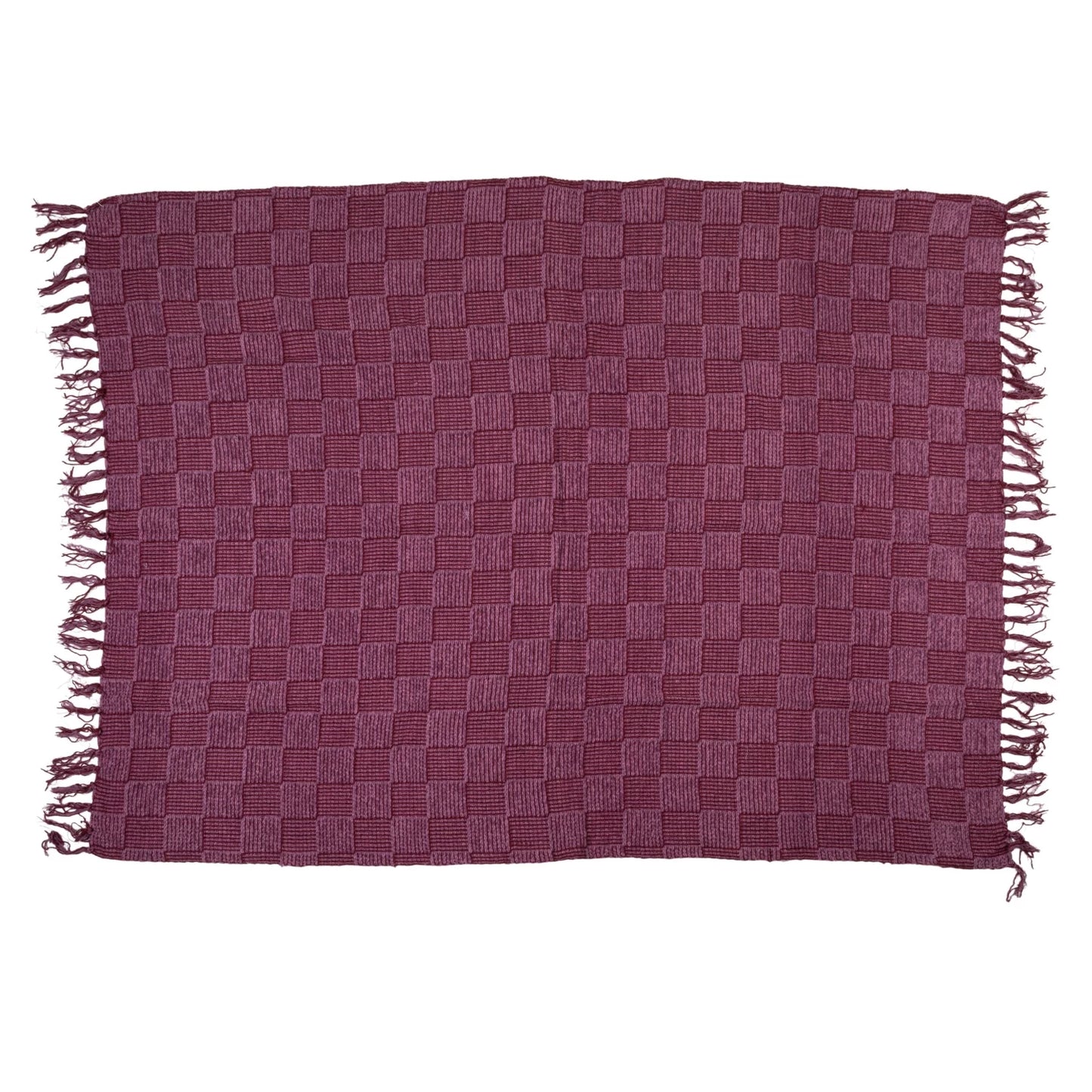 Woven Cotton Blend Chenille Throw with Check Pattern & Fringe