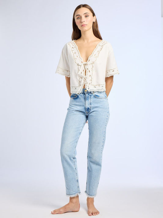 Sara White Embroidered Linen Blouse