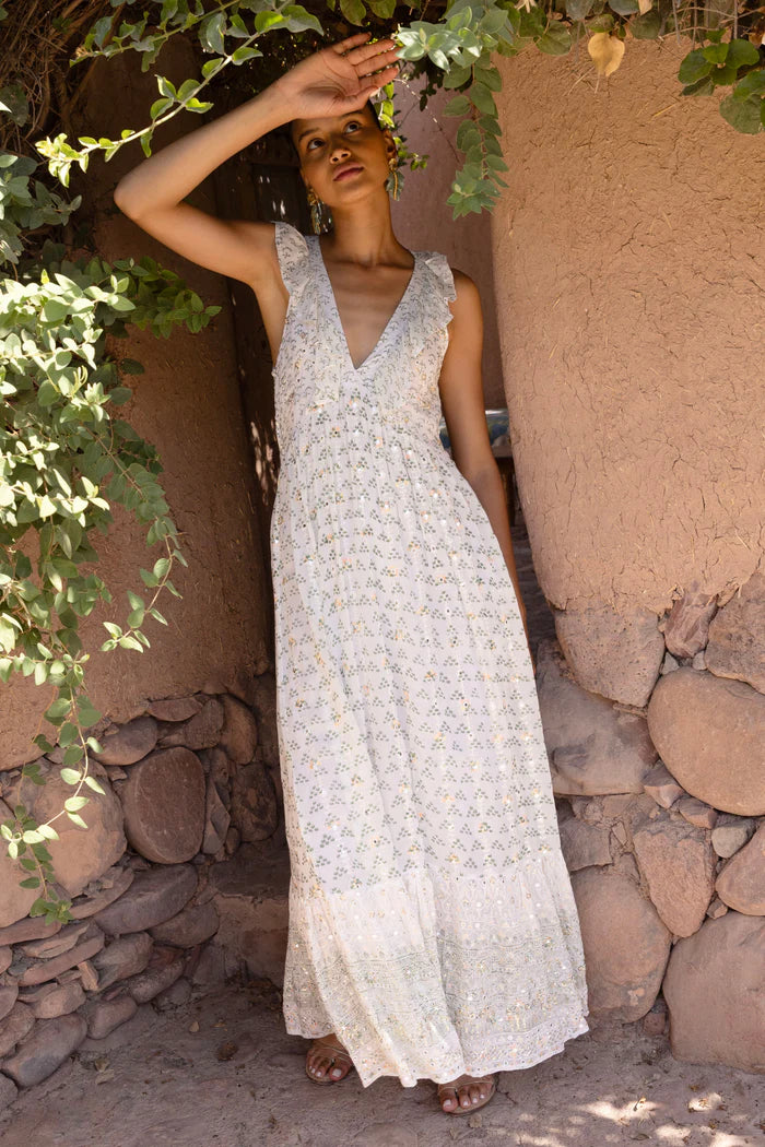 Oliphant - Ruffle V-Neck Maxi- Juniper Olive