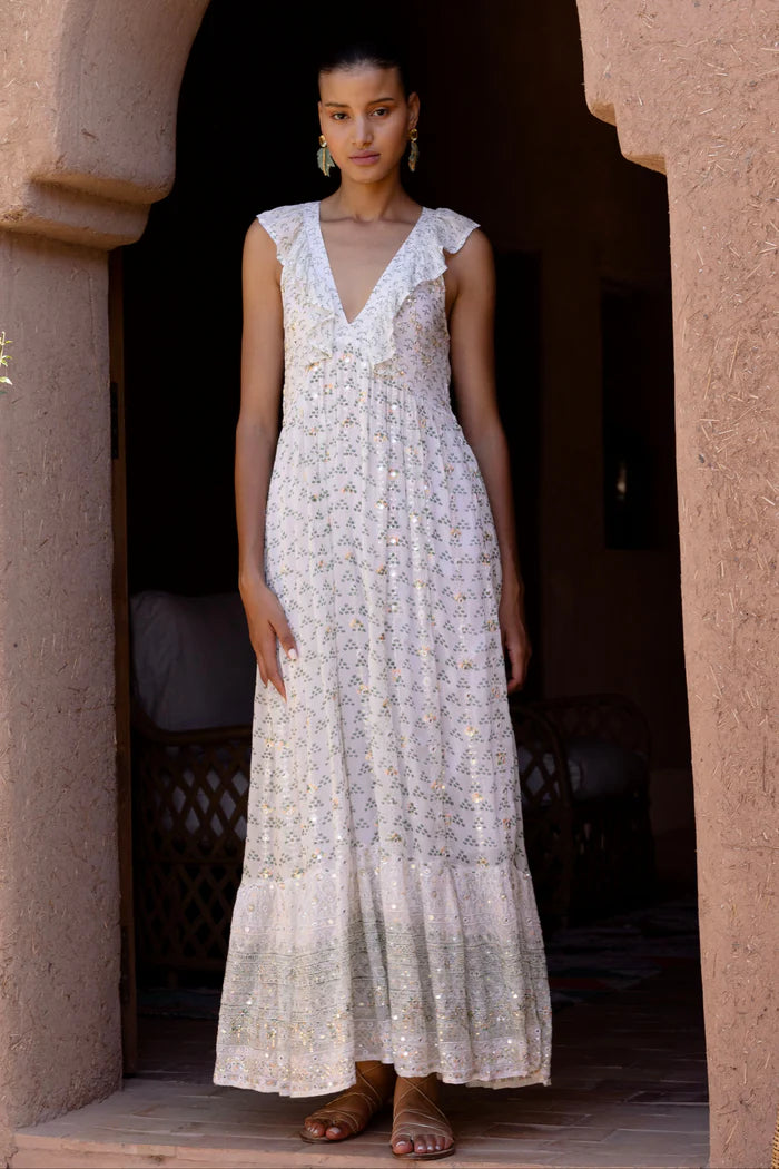 Oliphant - Ruffle V-Neck Maxi- Juniper Olive