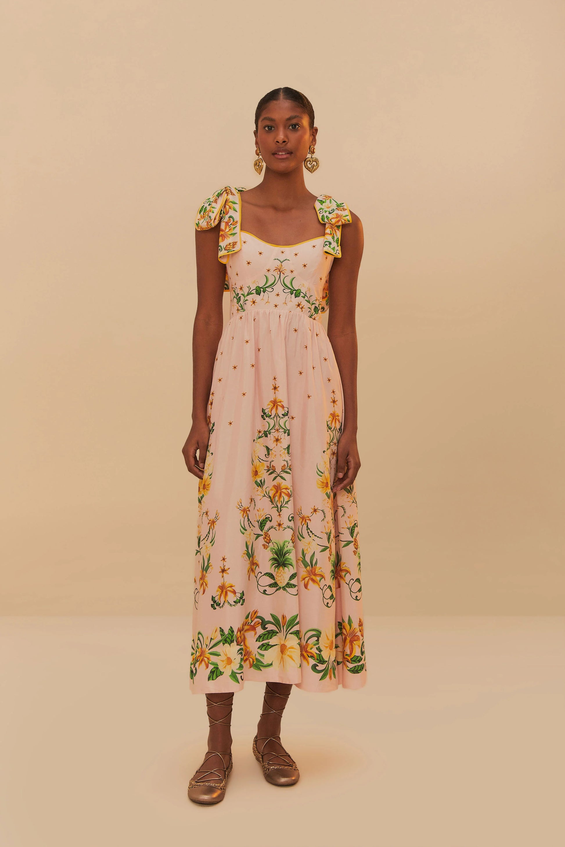 farm rio pink botanical beauty shoulder bow midi dress Pink Botanical Beauty Shoulder Bow Midi Dress PORTES OF GREECE