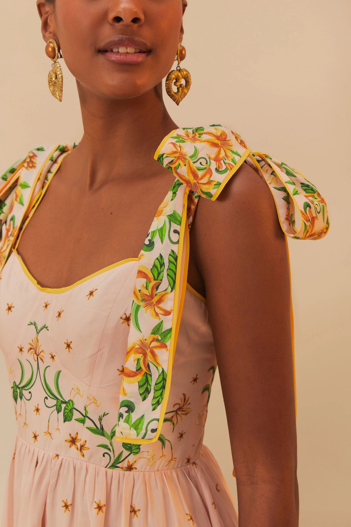 farm rio pink botanical beauty shoulder bow midi dress Farm Rio Pink Botanical Beauty Shoulder Bow Midi Dress