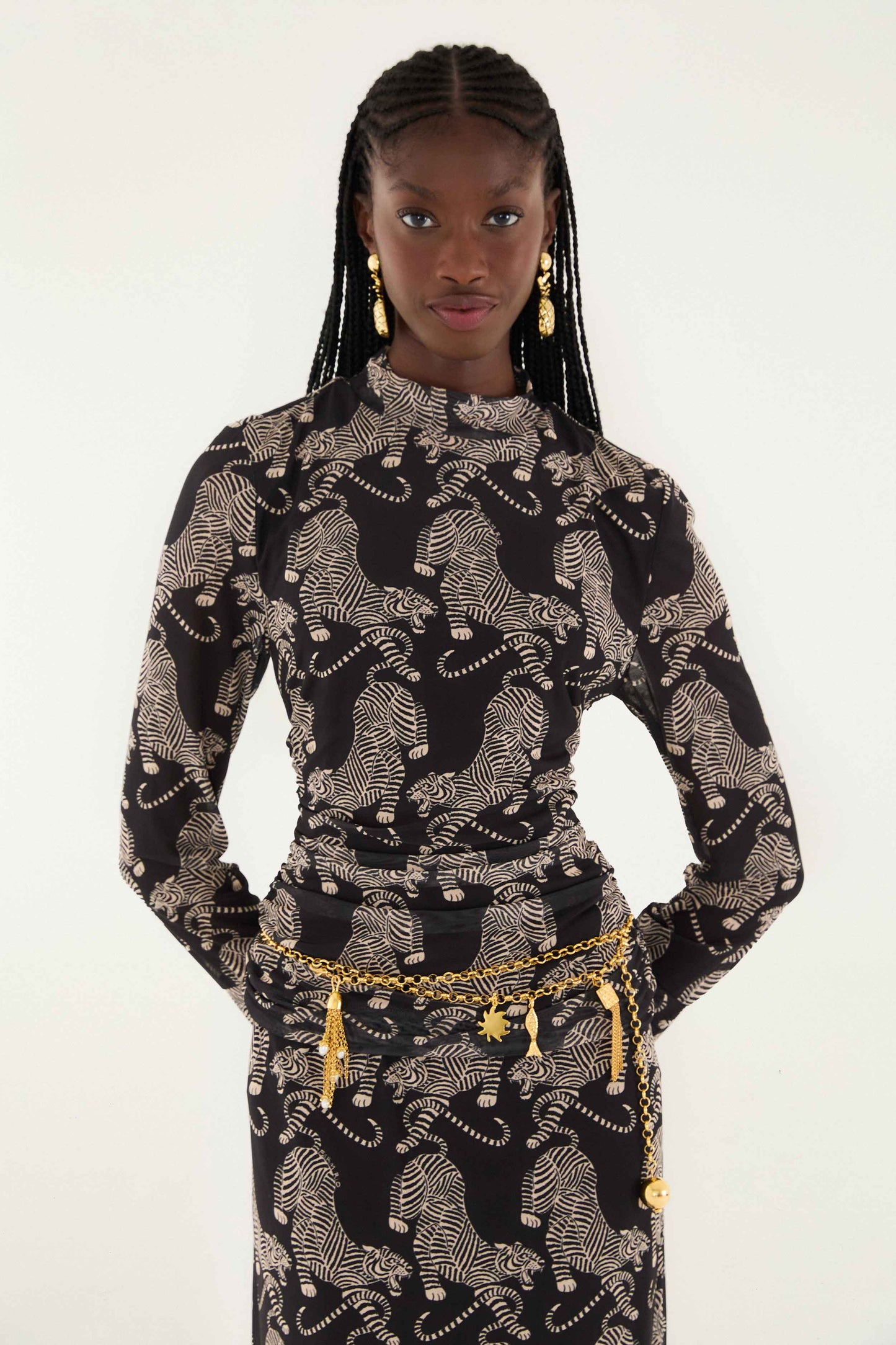 Farm Rio - Striped Tigers Black Tulle Blouse