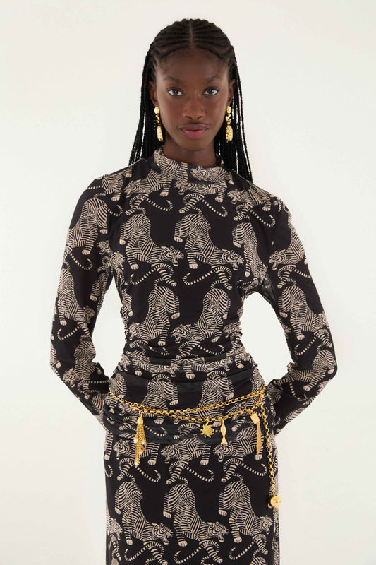 Farm Rio - Striped Tigers Black Tulle Blouse