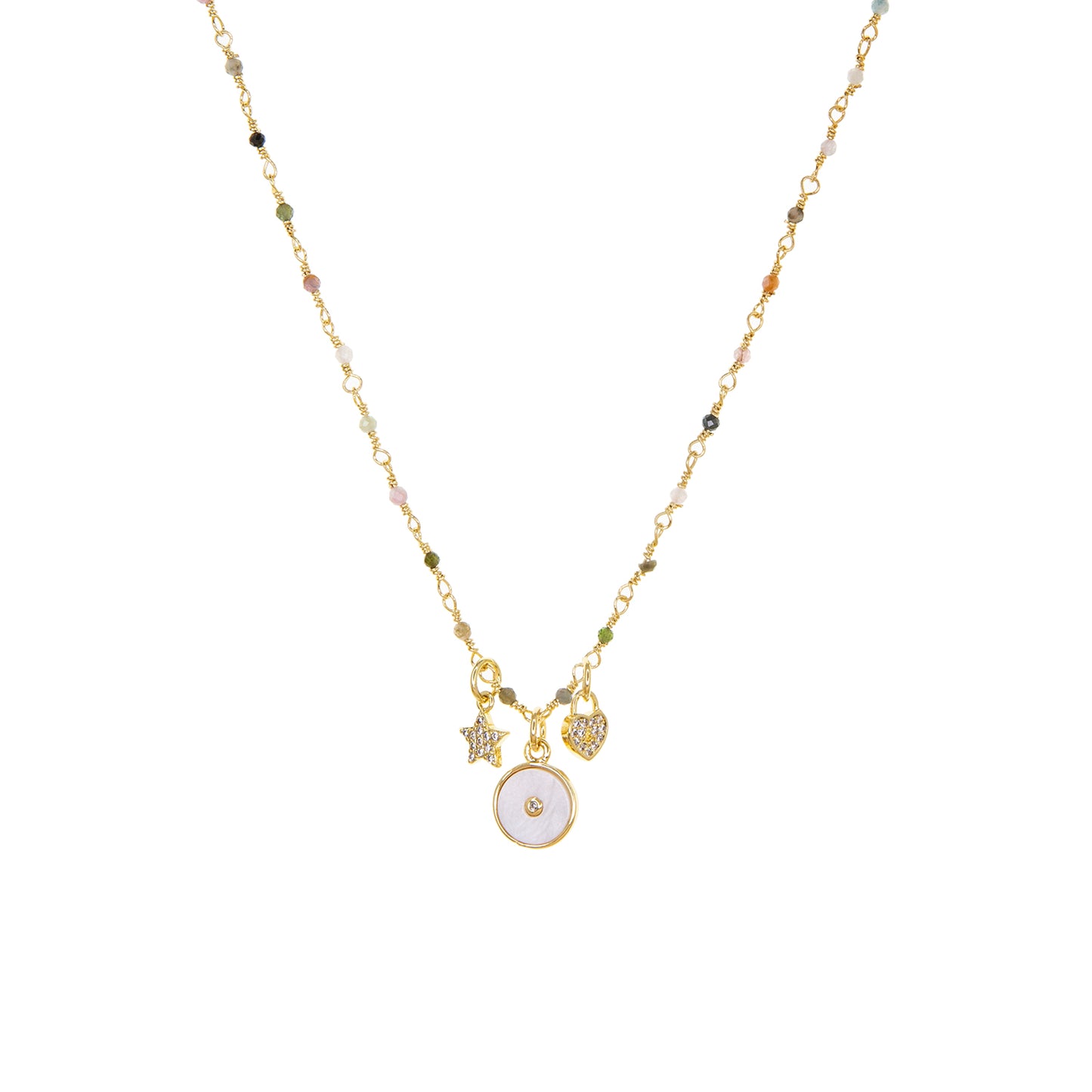 Gold/Tourmaline-Delicate Chain Necklace with Triple Charm Detail