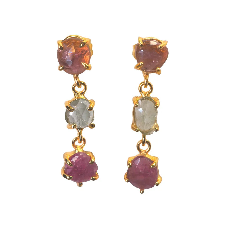 Watermelon Tourmaline Stud Earrings - Gold Plated Brass