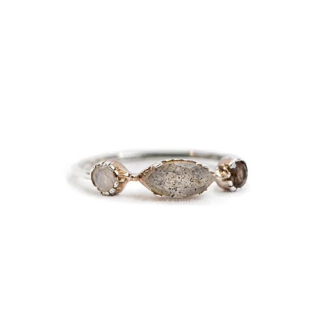 Rainbow Moonstone, Labradorite & Smoky Quartz Silver Ring
