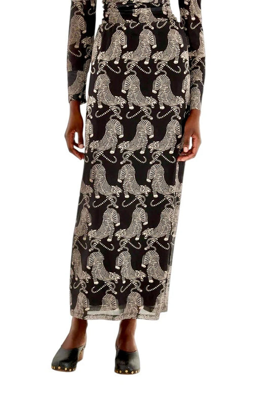 Farm Rio - Striped Tigers Black Tulle Midi Skirt