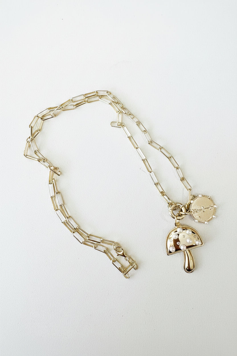Paperclip Chain Mushroom Charm Necklace
