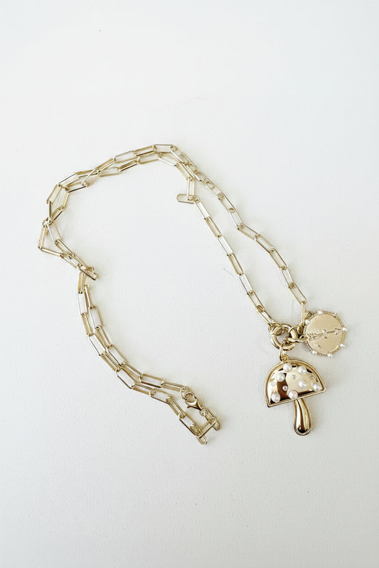 Paperclip Chain Mushroom Charm Necklace