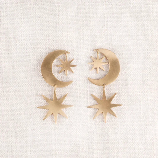 Brass Crescent Moon and Star Dangle Earrings