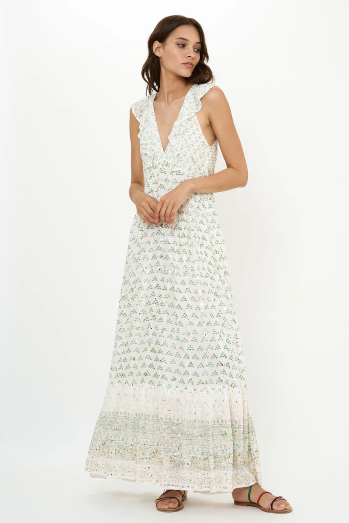 Oliphant - Ruffle V-Neck Maxi- Juniper Olive