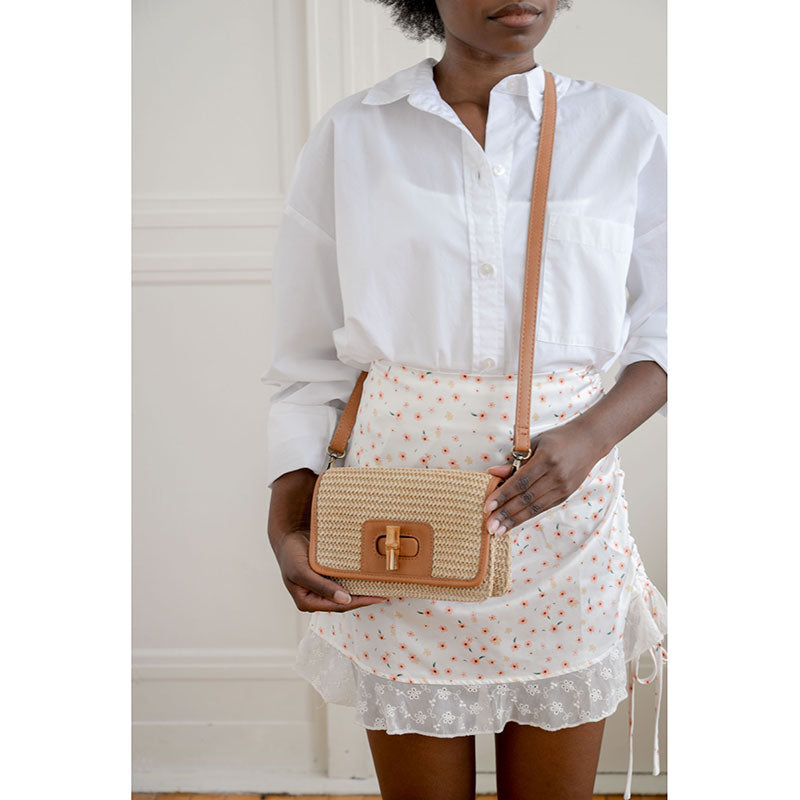 Natural Straw Bonnie Mini Organizer Bamboo Turnlock Crossbody