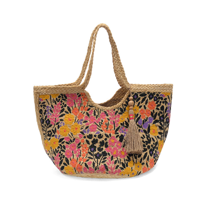 Multi Painted Floral Fied Mae Jute Crossbody Bag