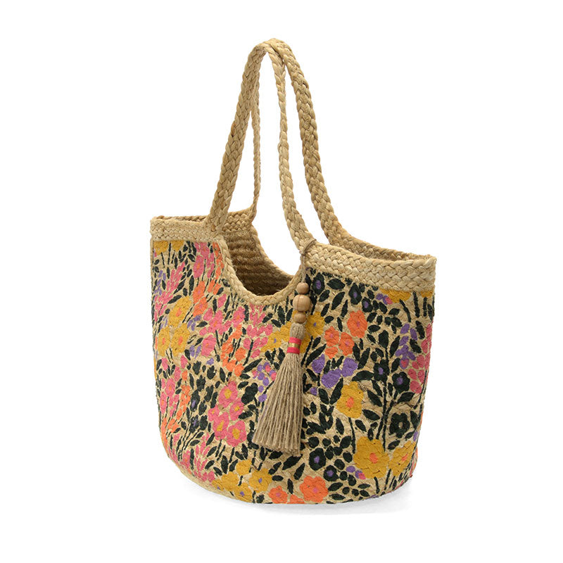 Multi Painted Floral Fied Mae Jute Crossbody Bag