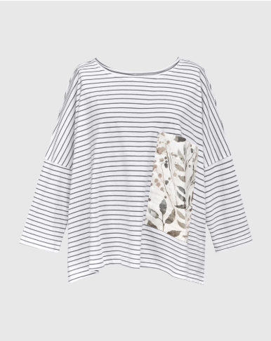 Striped 3/4 Sleeve Shirt with Flower Pocket
