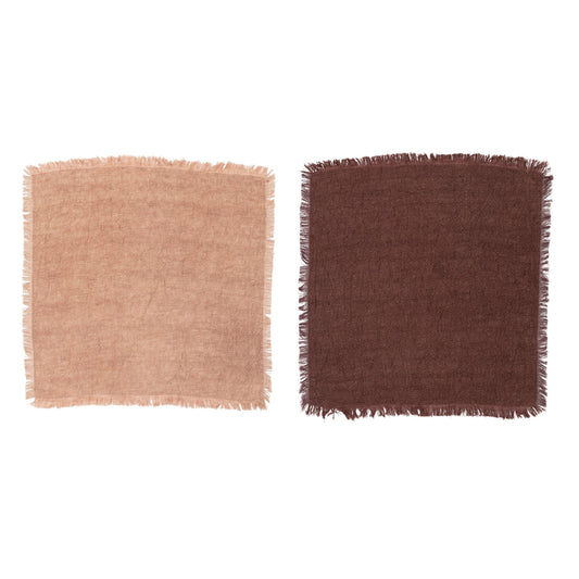 Stonewashed Linen Napkins w/ Fringe, Putty & Aubergine Color, Set of 4