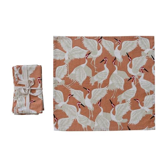 Cotton Napkins with Crane Pattern, Set of 4 Tied