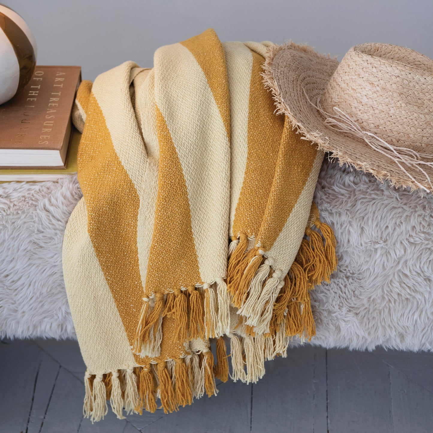 Woven Recycled Cotton Blend Striped Throw with Fringe