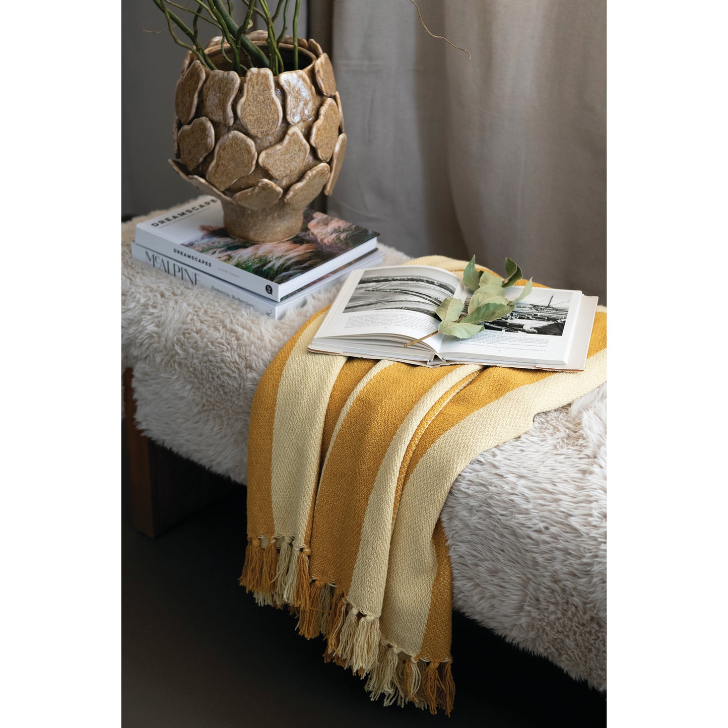 Woven Recycled Cotton Blend Striped Throw with Fringe