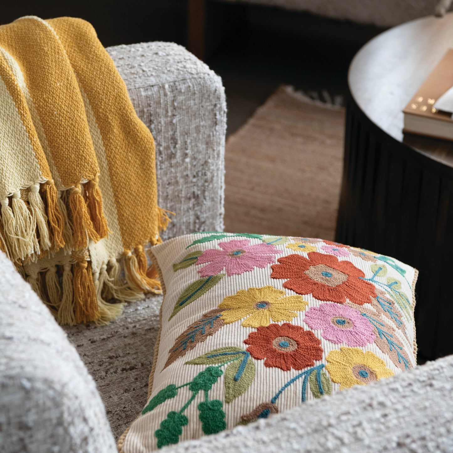 Woven Recycled Cotton Blend Striped Throw with Fringe