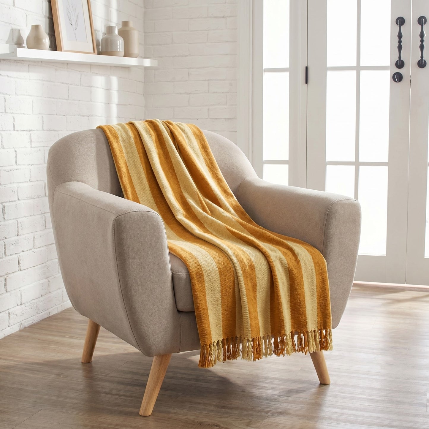 Woven Recycled Cotton Blend Striped Throw with Fringe