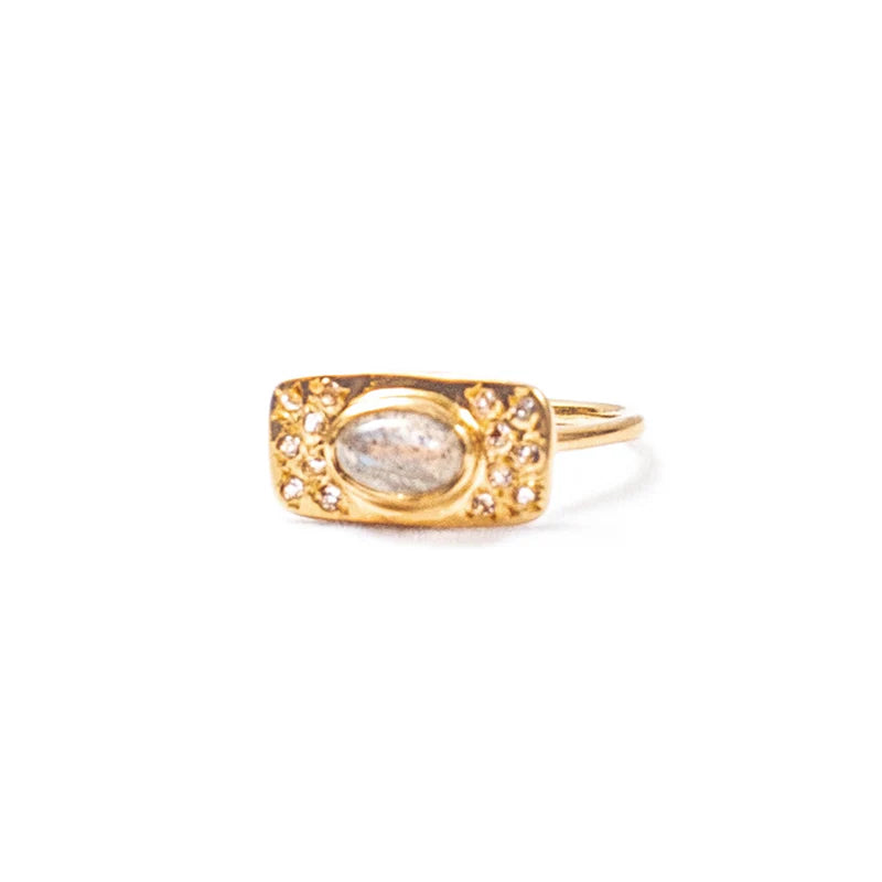 Gold Plated Labradorite and Small White Topaz Plate Ring