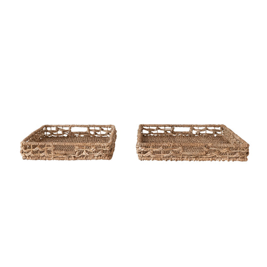 Decorative Hand-Woven Water Hyacinth & Rattan Trays w/ Handles, Set of 2