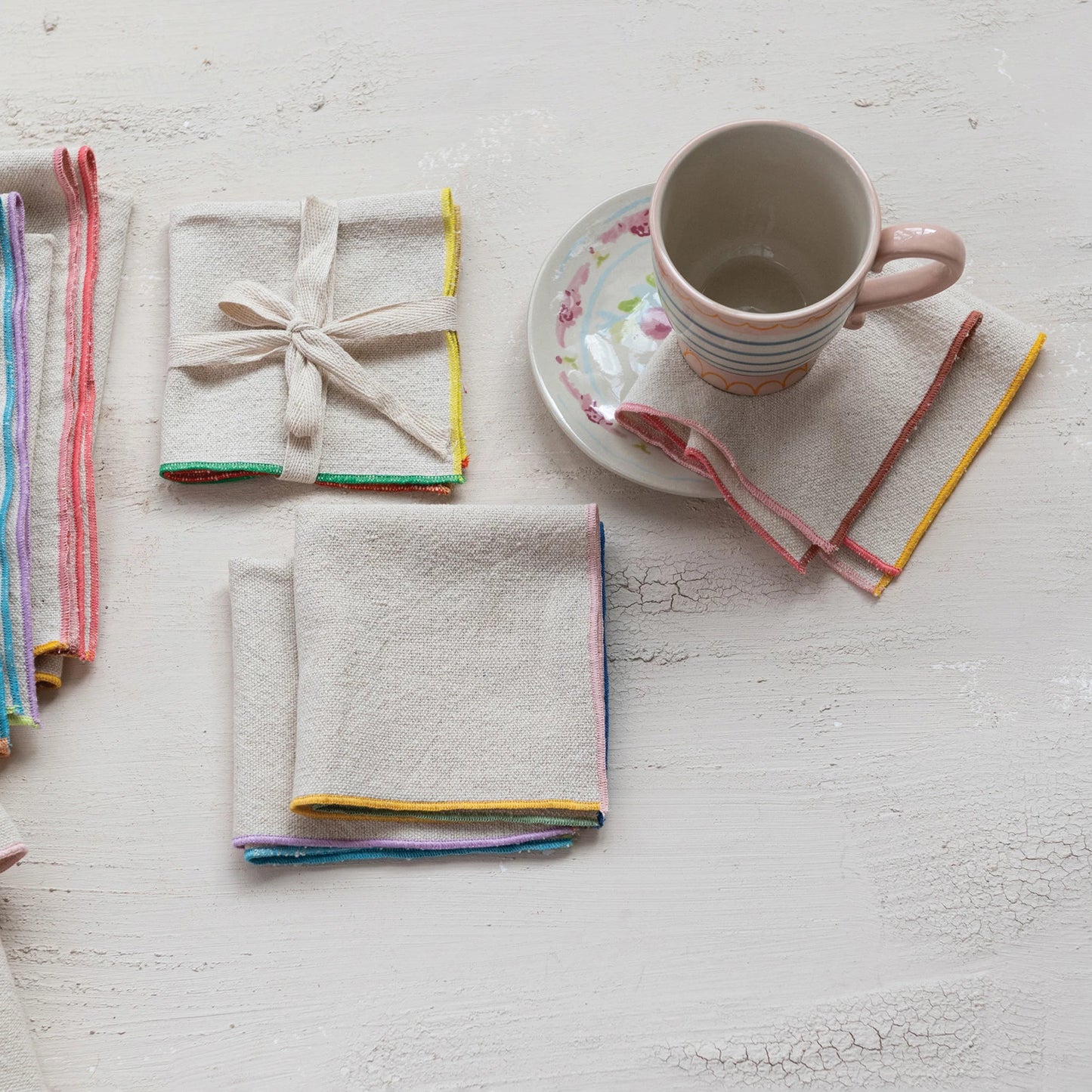 Woven Cotton Cocktail Napkins with Stitched Colored Edge