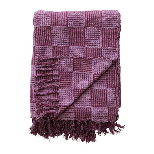 Woven Cotton Blend Chenille Throw with Check Pattern & Fringe