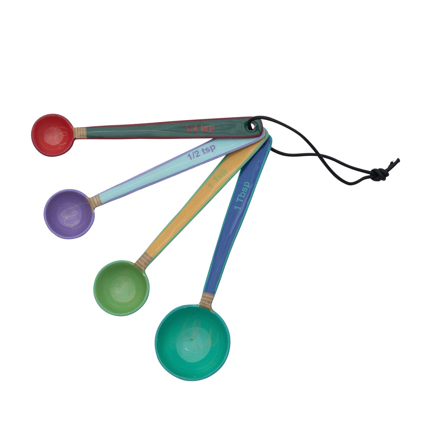 Enameled Stainless Steel Measuring Spoons w/ Colored Edge & Leather Tie, Set of 4
