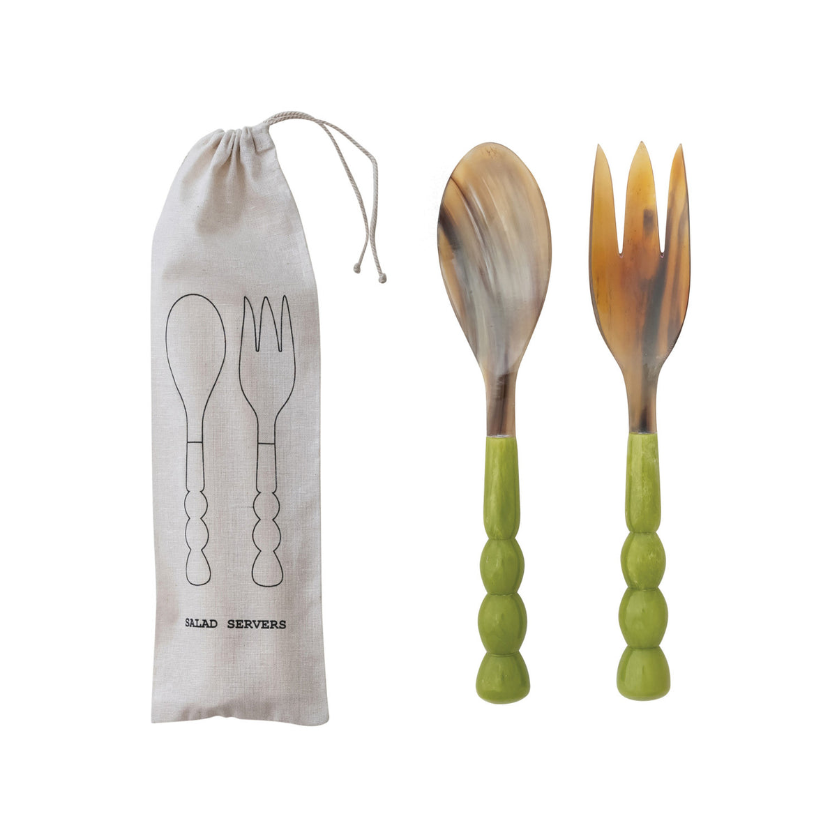 Natural Horn Salad Servers w/ Marbled Resin Handles, Set of 2 in Bag (Each One Will Vary)
