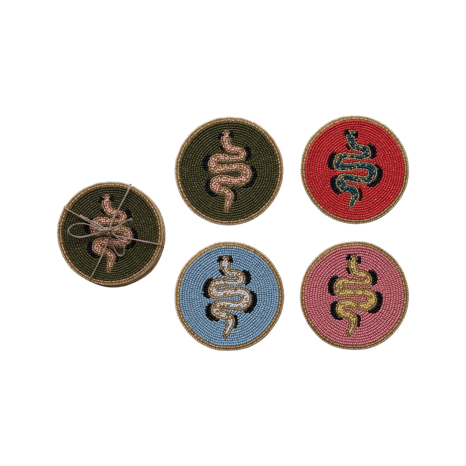 Glass Beaded Cotton Coasters with Snakes, Set of 4 Tied with Jute