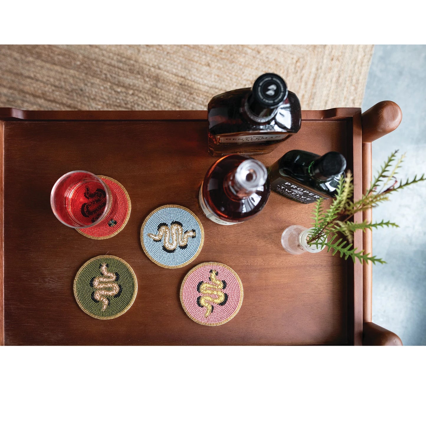 Glass Beaded Coasters with Snakes S/4