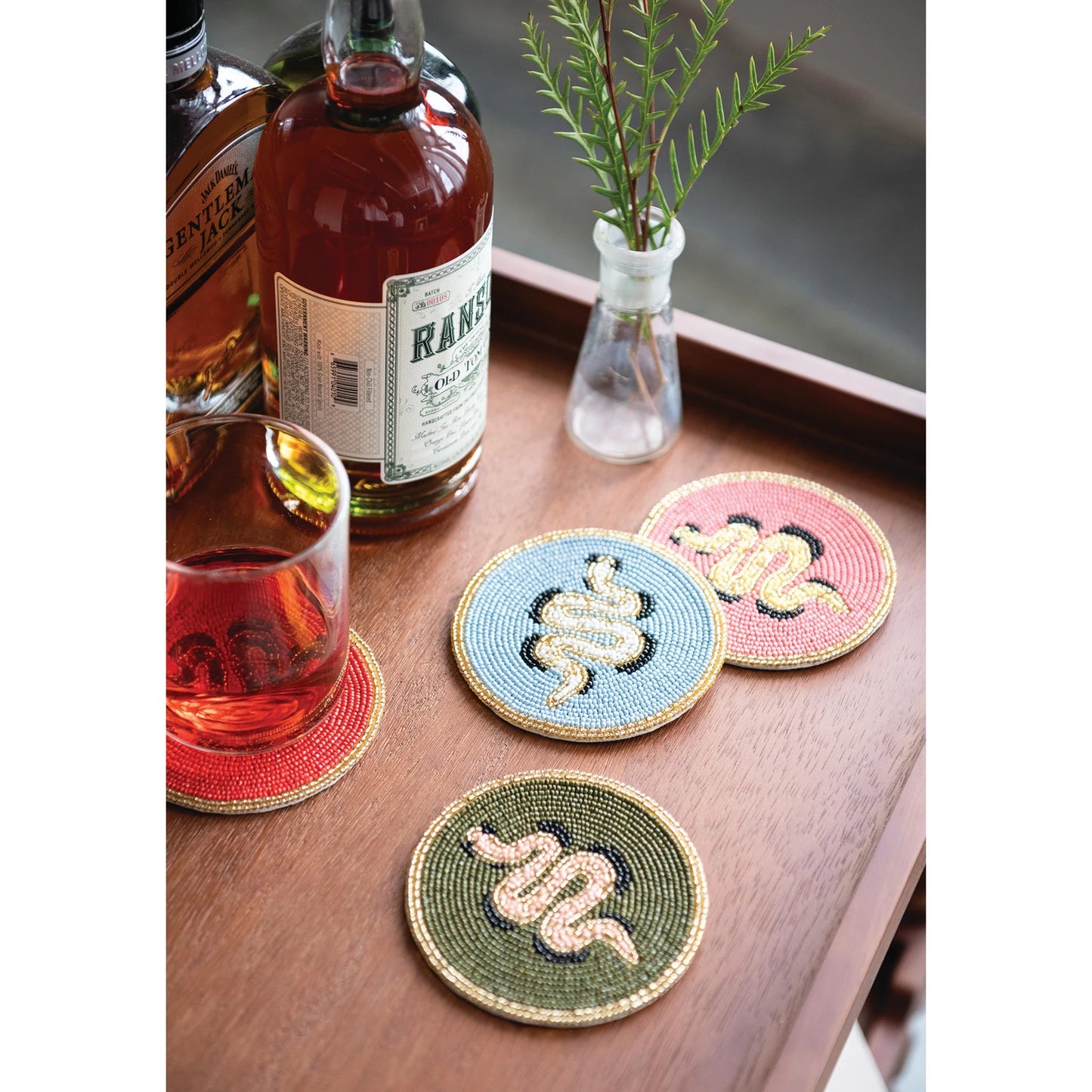 Glass Beaded Coasters with Snakes S/4