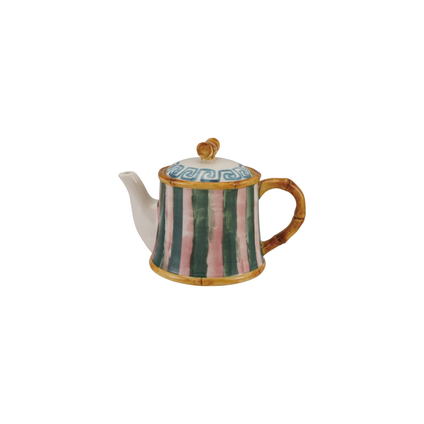 28 oz. Hand-Painted Stoneware Striped Teapot with Pattern & Bamboo Style Edges