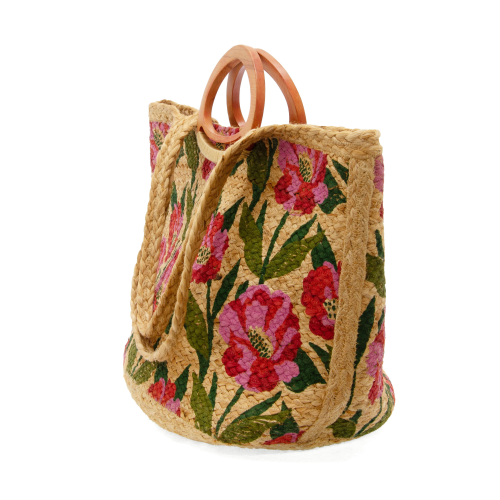 Multi Poppy Painted Nell Wood Handle Jute Tote
