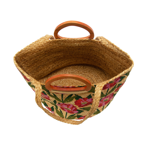 Multi Poppy Painted Nell Wood Handle Jute Tote